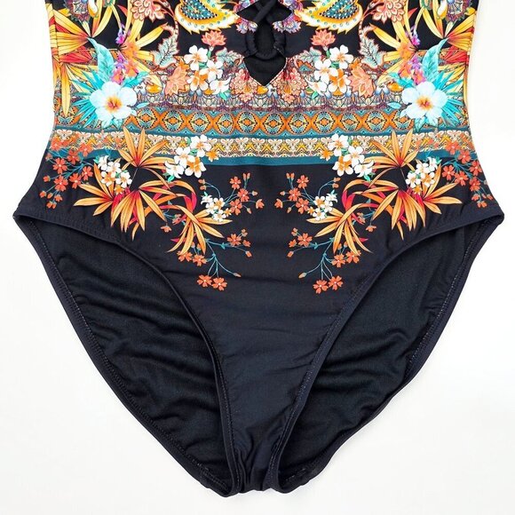 Kenneth Cole Off Shoulder Floral Tropical Stripe One Piece Swim Suit NEW - L - Picture 4 of 11